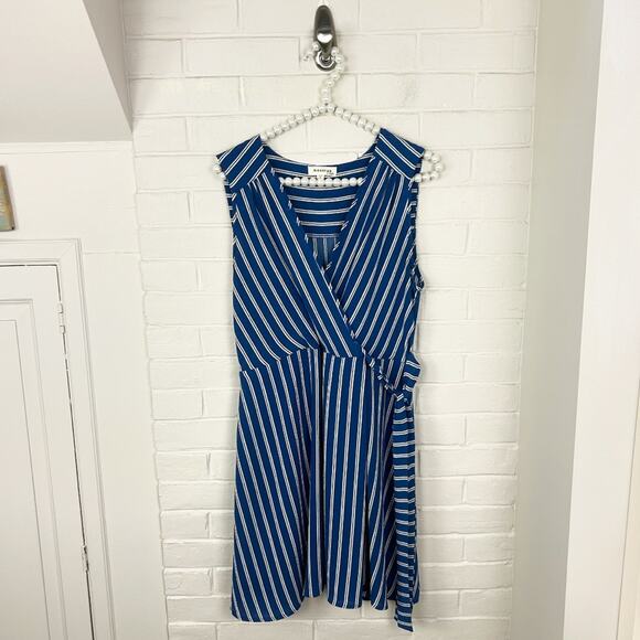 Monteau Blue White Striped Faux Wrap Mini Dress Size L - Picture 1 of 8